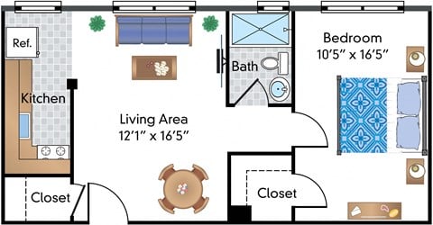 Floor plan for 1 bed, 1 bath, 541 sqft